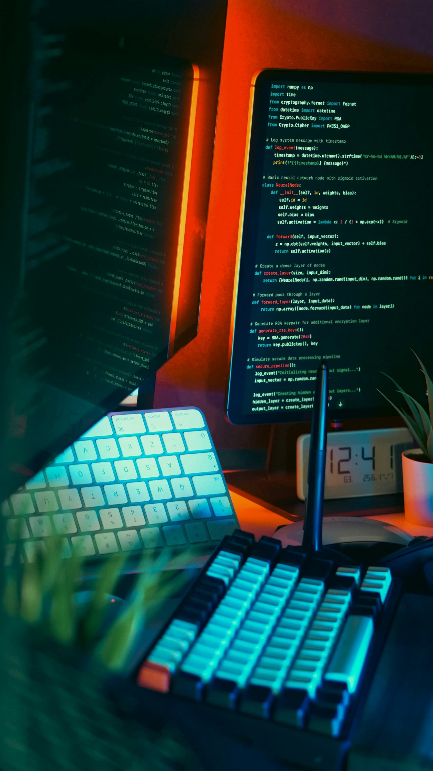 Code auf mehreren Bildschirmen an einem Entwickler-Arbeitsplatz